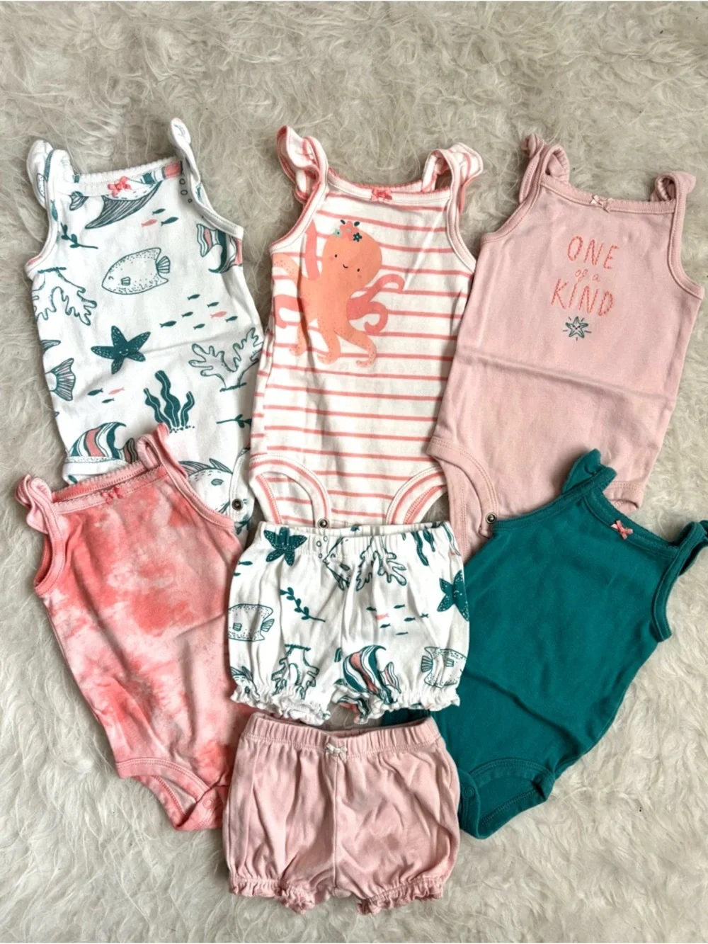 Carter's Baby Girl Matching 7 Piece Tropical Ocean Bodysuit & Shorts Set